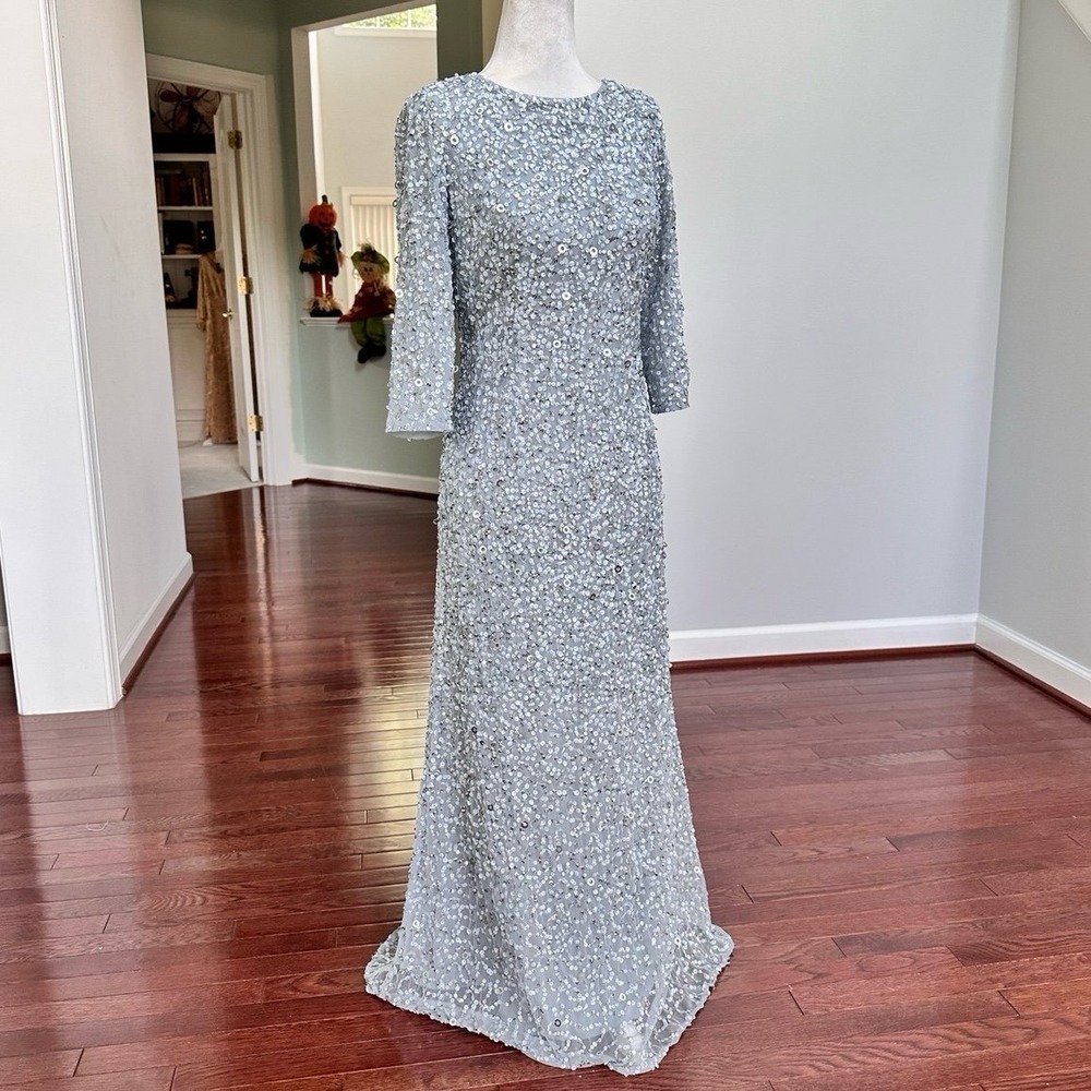 Adrianna Papell Stunning Silver Sequin Quarter Sleeve Gown Embellished Dress